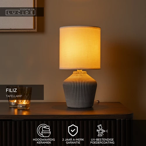 Lucide FILIZ - Tafellamp - Ø 16 cm - 1xE14 - Taupe - Essential - USP